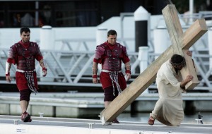 Jesus is helped by Simon of Cyrene is performed as part of Stations of the Cross at Darling Harbour during World Youth Day Sydney 2008 on July 18, 2008 in Sydney, Australia. (Photo by World Youth Day)