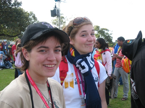 Carrie Bowden, left, and Theresa Ptak, both Madison pilgrims at World Youth Day 2008, show their joy at the presence of the Holy Father in Sydney, Australia. (Catholic Herald photo by Ben Emmel)