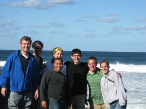 Ben Emmel, second from right, poses with friends and fellow pilgrims at Manley Beach in Australia